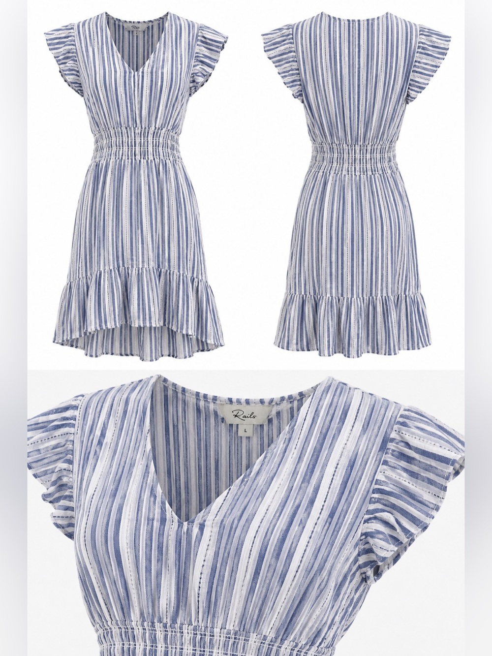 Rails Tara Blue Catalina Stripe Linen Blend Flutter Sleeve Dress Size Large